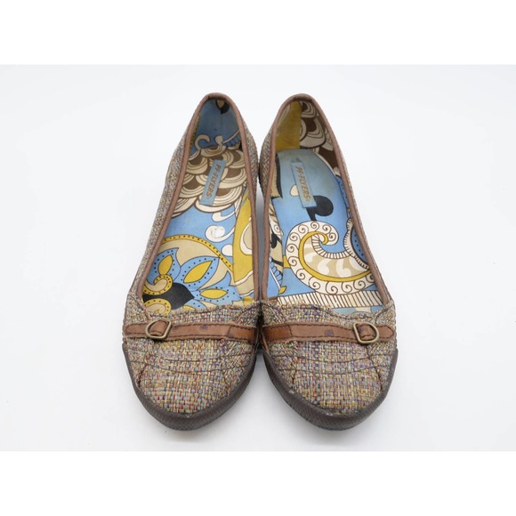 PF Flyers Pumps Womens 8 Low Wedge Brown Fabric Uppers Quill Leather Slip On - Picture 7 of 12